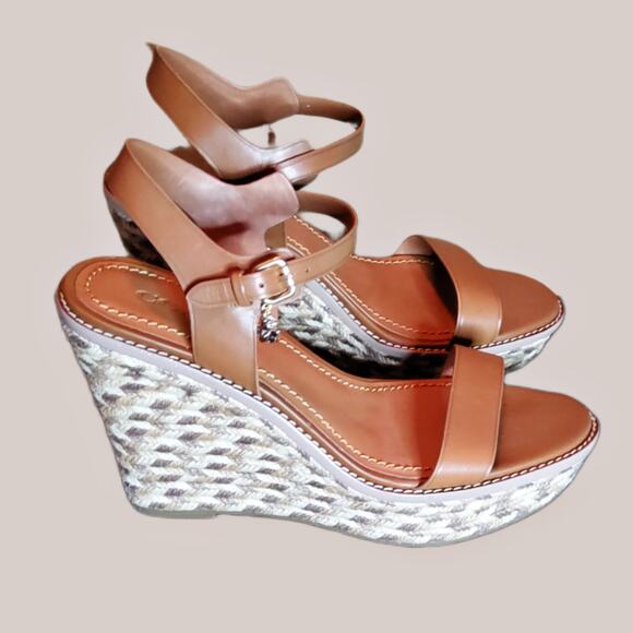 COACH HIGH HEEL ESPADRILLE WEDGE SANDAL SIZE 10 IN COLOR SADDLE - Picture 3 of 9